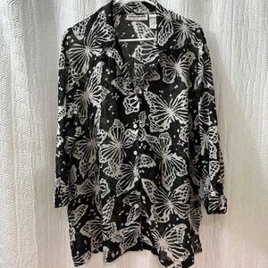 Cathy Daniels Black White Butterfly Sheer Crinkle Long Sleeve Button Up Top 1X